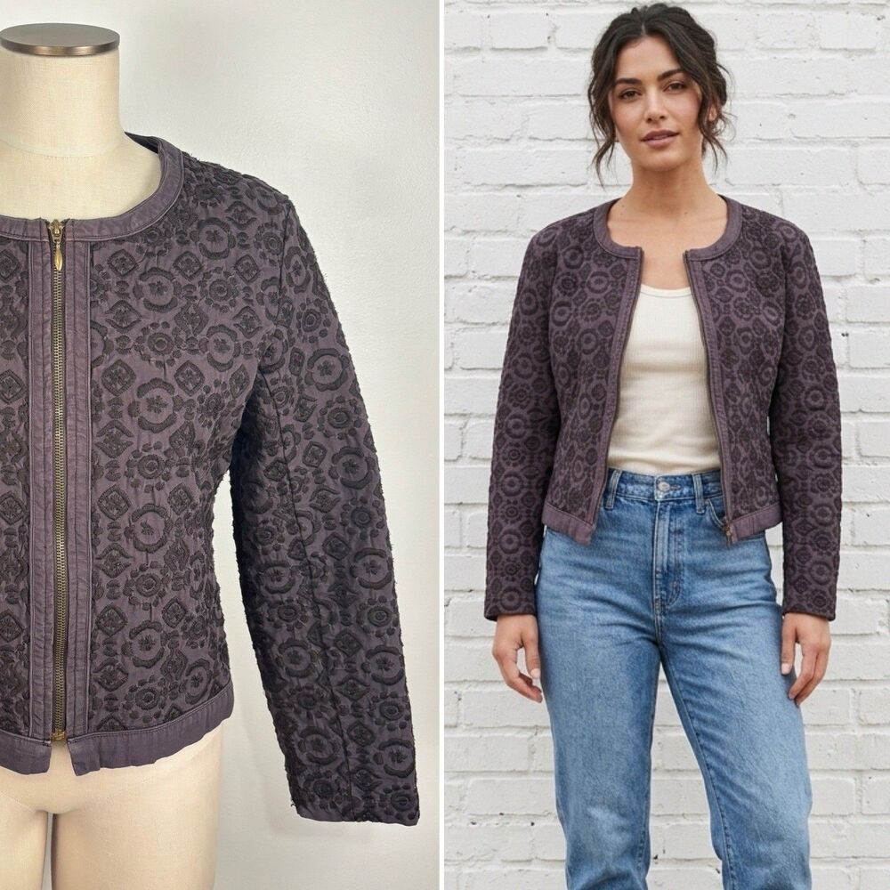 Chicos Women's 1 / M Crewneck Long Sleeves Jacket Embroidered Cotton Zip Front